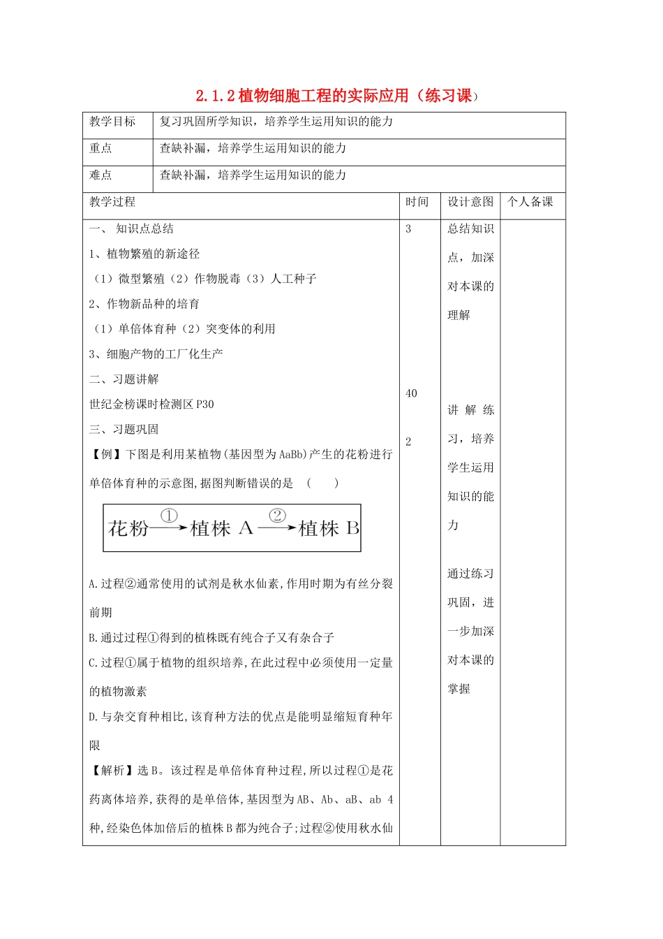 高中生物 专题2 细胞工程 2.1.2 植物细胞工程的实际应用（练习课）教案 新人教版选修3-新人教版高二选修3生物教案_第1页