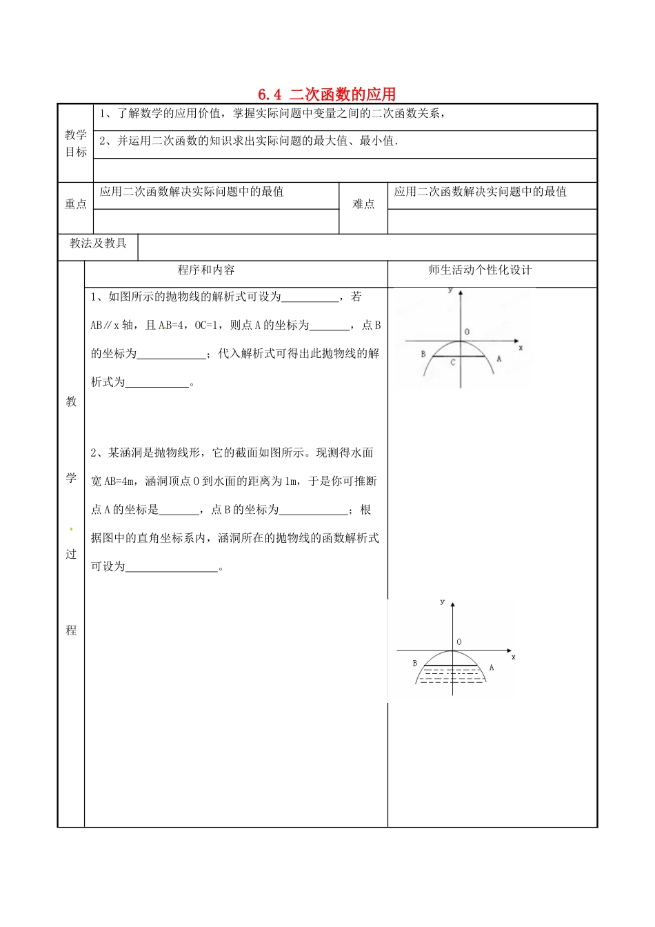 九年级数学下册《6.4 二次函数的应用》教案3 苏科版-苏科版初中九年级下册数学教案_第1页