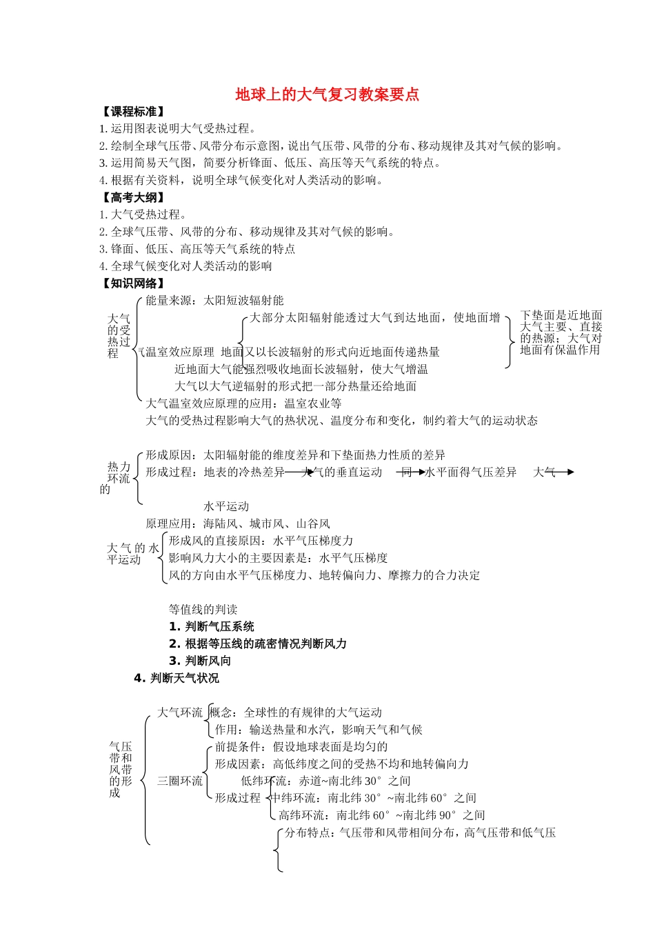 高中地理：地球上的大气复习教案要点人教版必修2_第1页