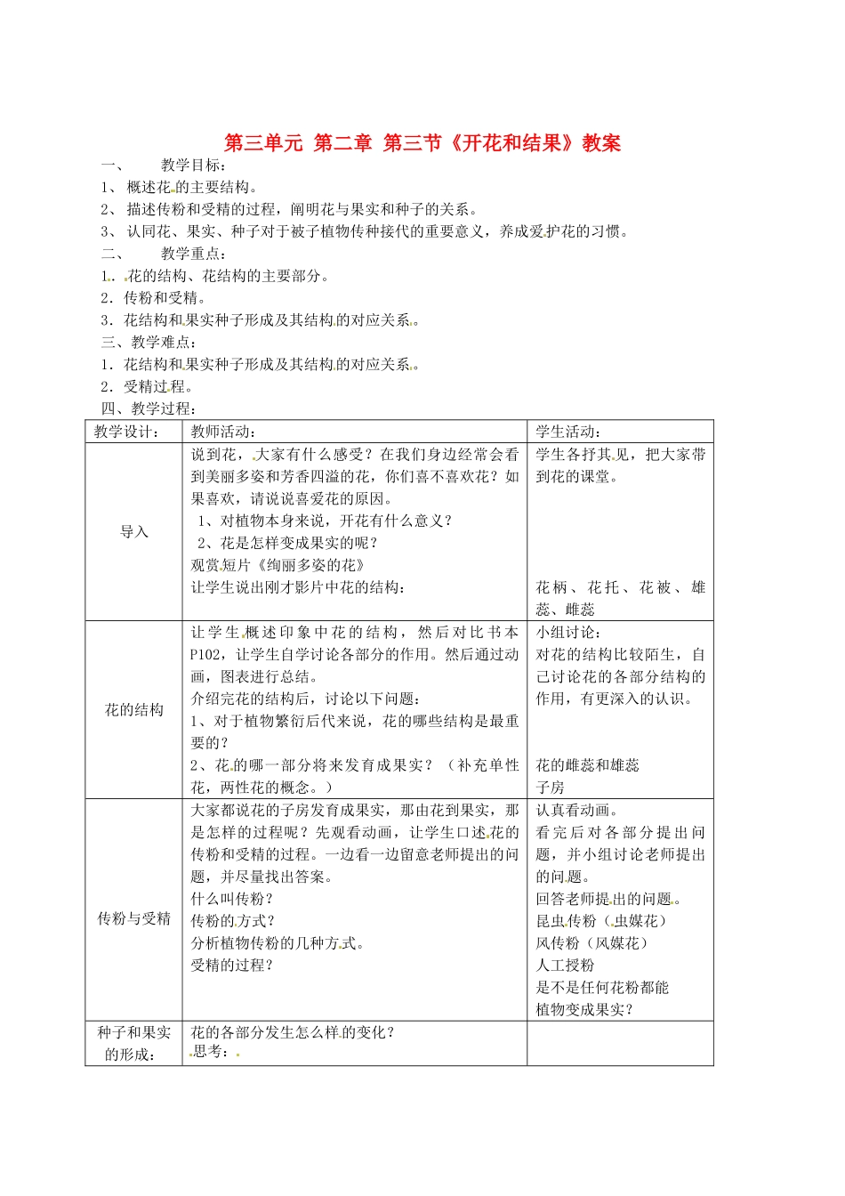 山东省临沂市凤凰岭中学七年级生物上册 第三单元 第二章 第三节《开花和结果》教案 新人教版_第1页