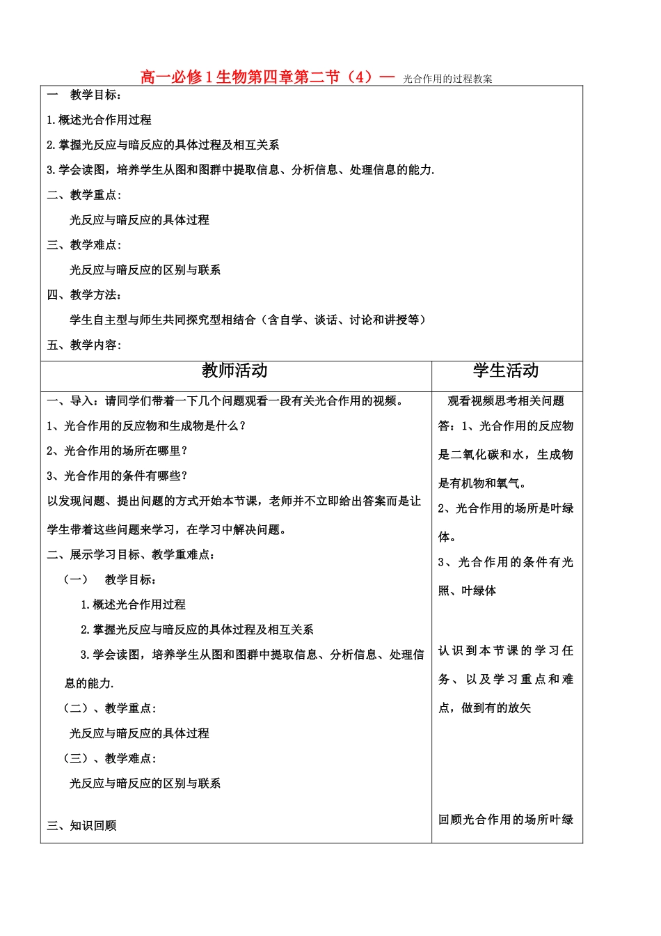 高中生物《光合作用》教案11 苏教版必修1_第1页