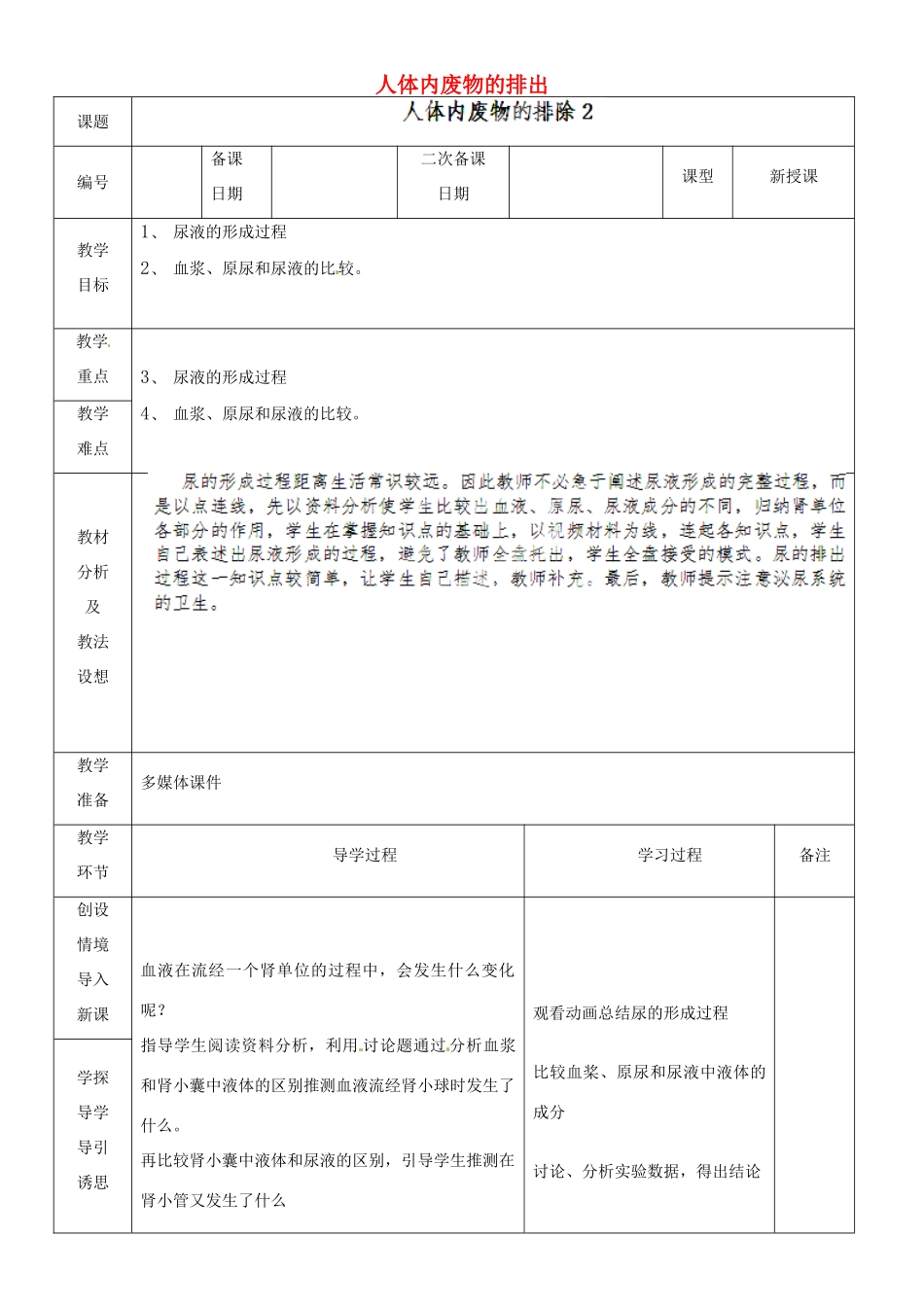 山东省临沂市蒙阴县第四中学七年级生物下册 4.5 人体内废物的排出教案2 （新版）新人教版_第1页