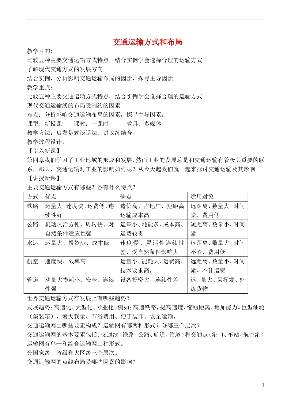 高中地理 5.1 交通运输方式和布局教案 新人教版必修2_第1页