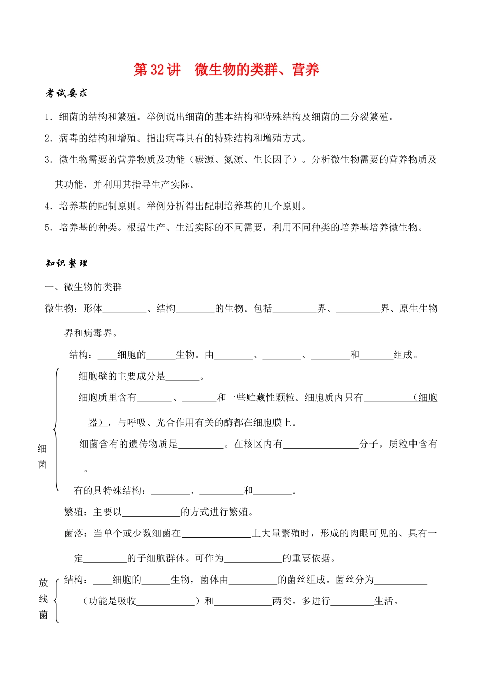 高考生物第一轮系列讲座 第32讲  微生物的类群、营养_第1页