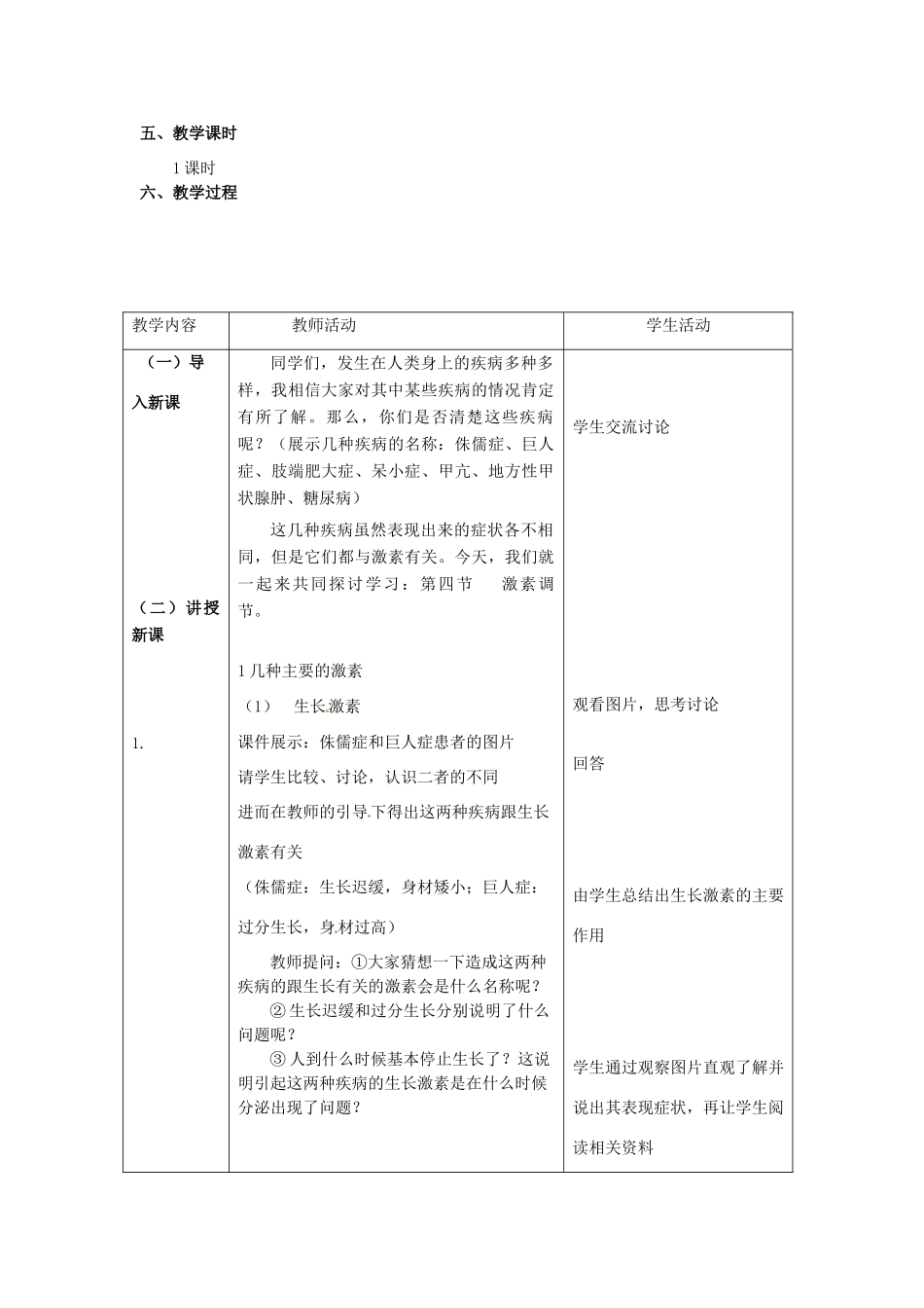 七年级生物下册 3.5.1《人体的激素调节》教案 济南版_第2页