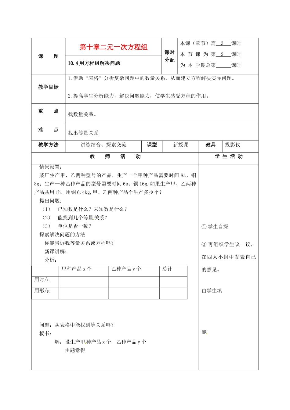 七年级数学下册 10.4用方程组解决问题(第2课时)教案 苏科版_第1页