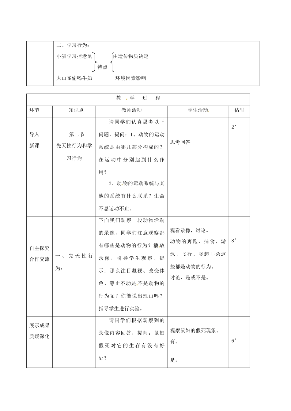 山东省临沭县第三初级中学八年级生物上册 先天性行为和学习行为教案 新人教版_第2页