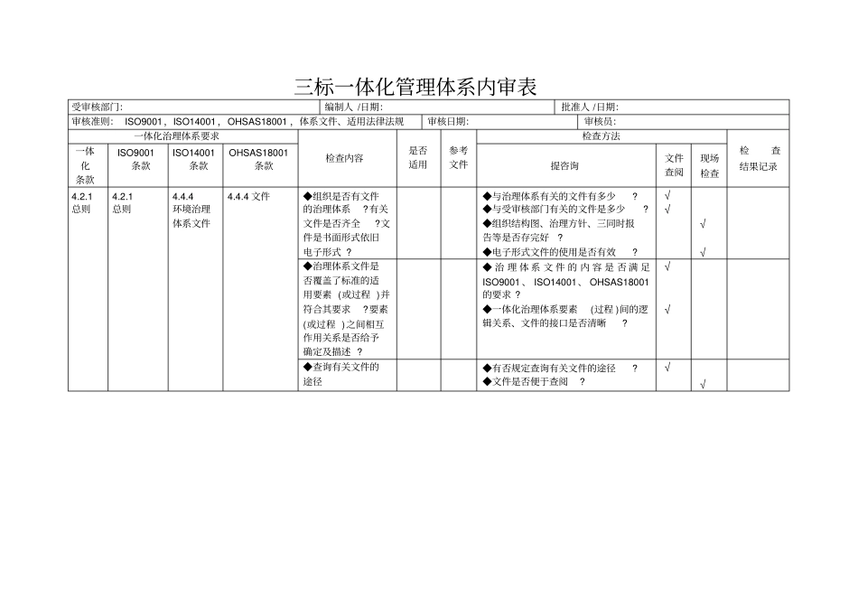 三标一体化管理体系内审表_第1页