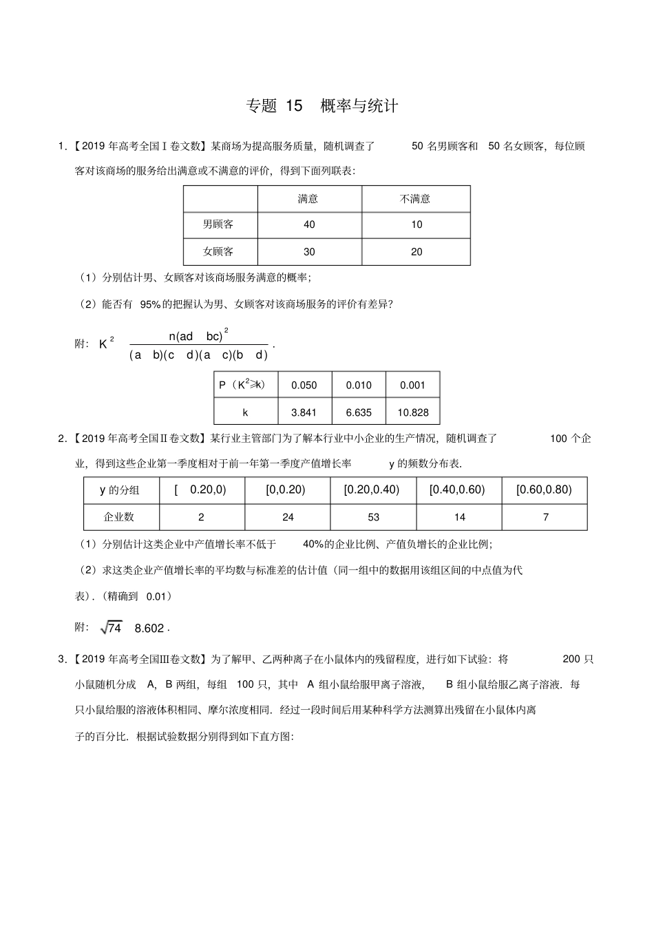 2017-2019高考文数真题分项解析-专题15概率与统计_第1页