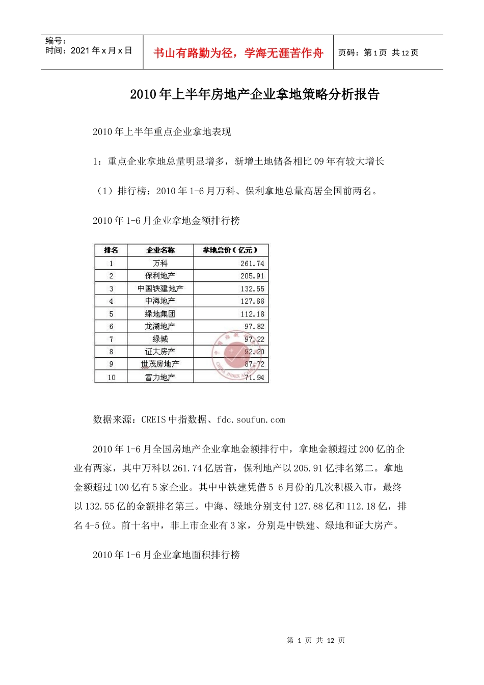 XXXX年上半年房地产企业拿地策略分析报告_12页_第1页