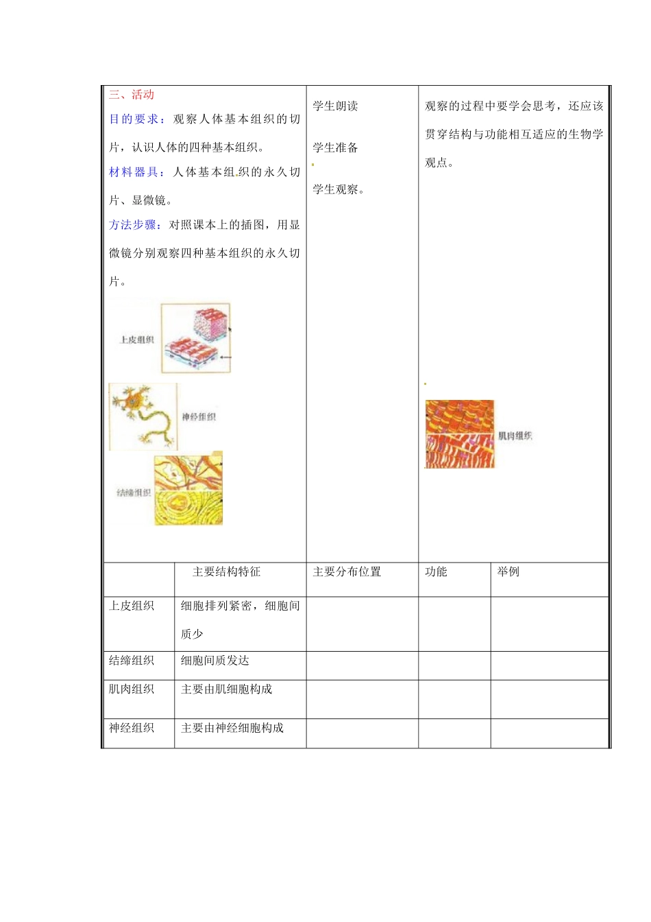 七年级生物上册 第二单元《生物体的结构》第4章 生物体的结构层次 4.1 细胞分化形成组织（一）教案 （新版）北师大版_第3页