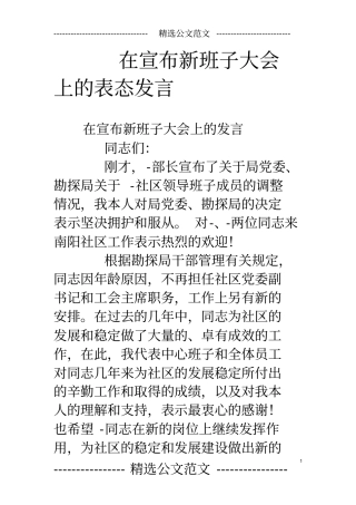 在宣布新班子大会上的表态发言