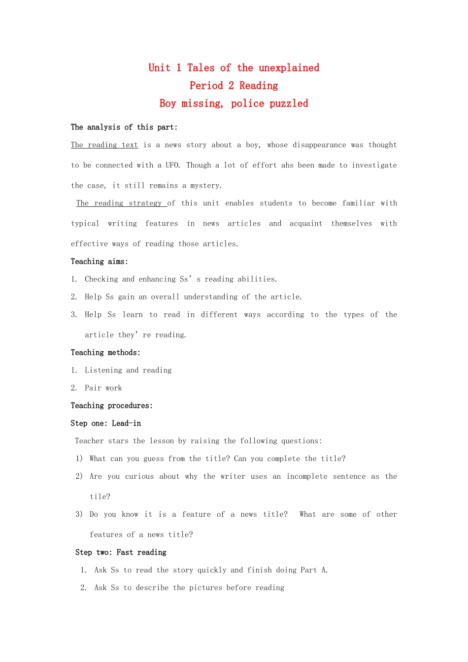 高中英语 Unit1 Tales of the unexplained Reading教案 牛津译林版必修2-牛津版高一必修2英语教案_第1页