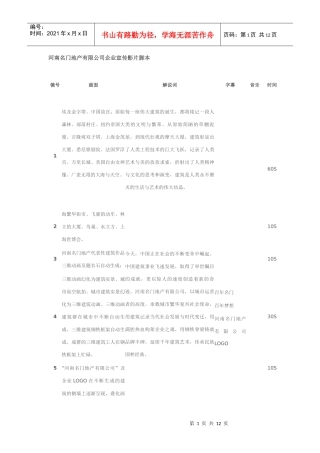 【企业宣传片文案、专题片】河南名门地产有限公司企业宣传影片脚本