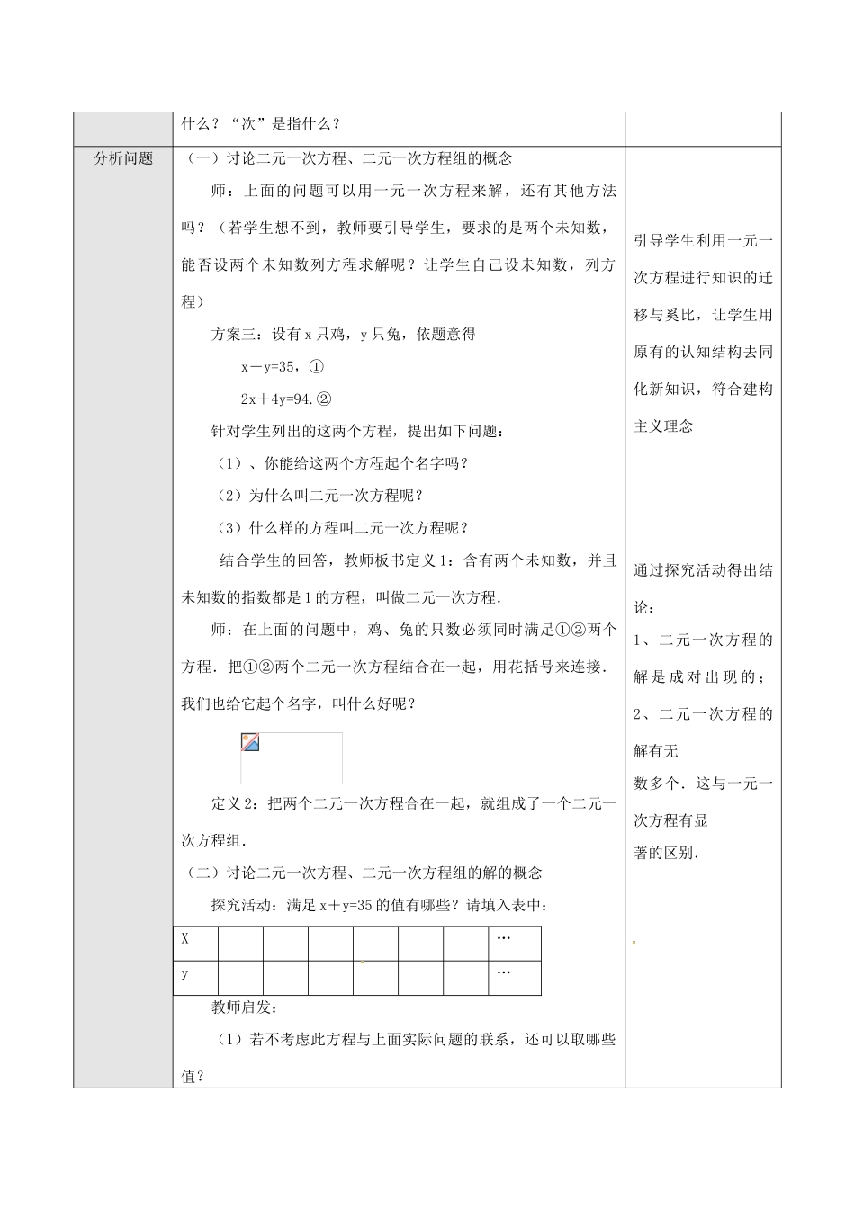 山东省德州市武城县四女寺镇七年级数学下册 第8章 二元一次方程组 8.1 二元一次方程组教案 新人教版-新人教版初中七年级下册数学教案_第2页