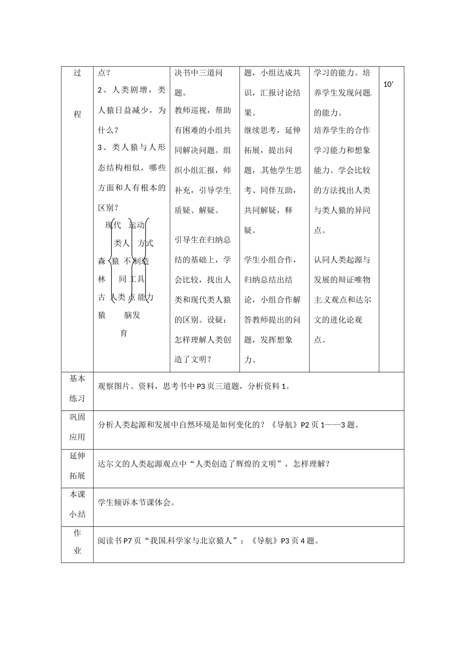 辽宁省大连市第四十二中学七年级生物下册 第一章 第一节 人类的起源和发展（一）教案 新人教版_第3页