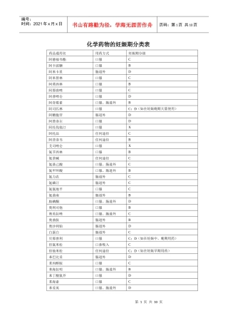 化学药物的妊娠期分类表