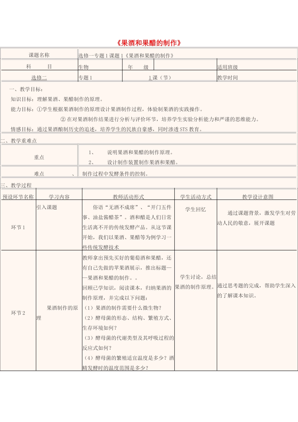 高中生物下学期第1周 果酒和果醋的制作教学设计-人教版高中全册生物教案_第1页
