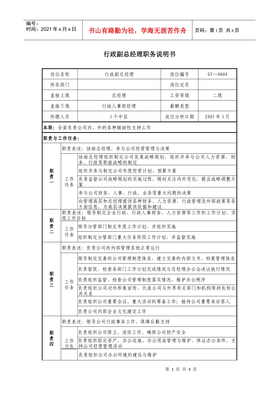 医药公司行政副总经理职务说明书_第1页