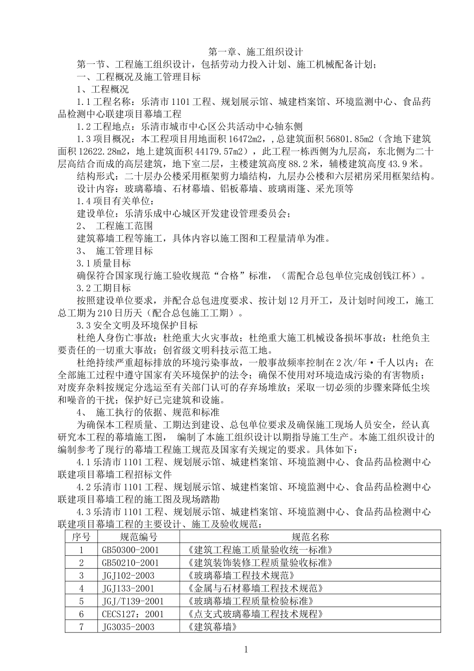 乐清市1101工程、规划展示馆、城建档案馆、环境监测中心、食品药品检测中心联建项目幕墙工程_第1页