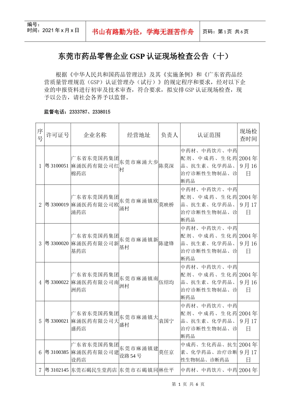 东莞市药品零售企业GSP认证现场检查公告（十）_第1页