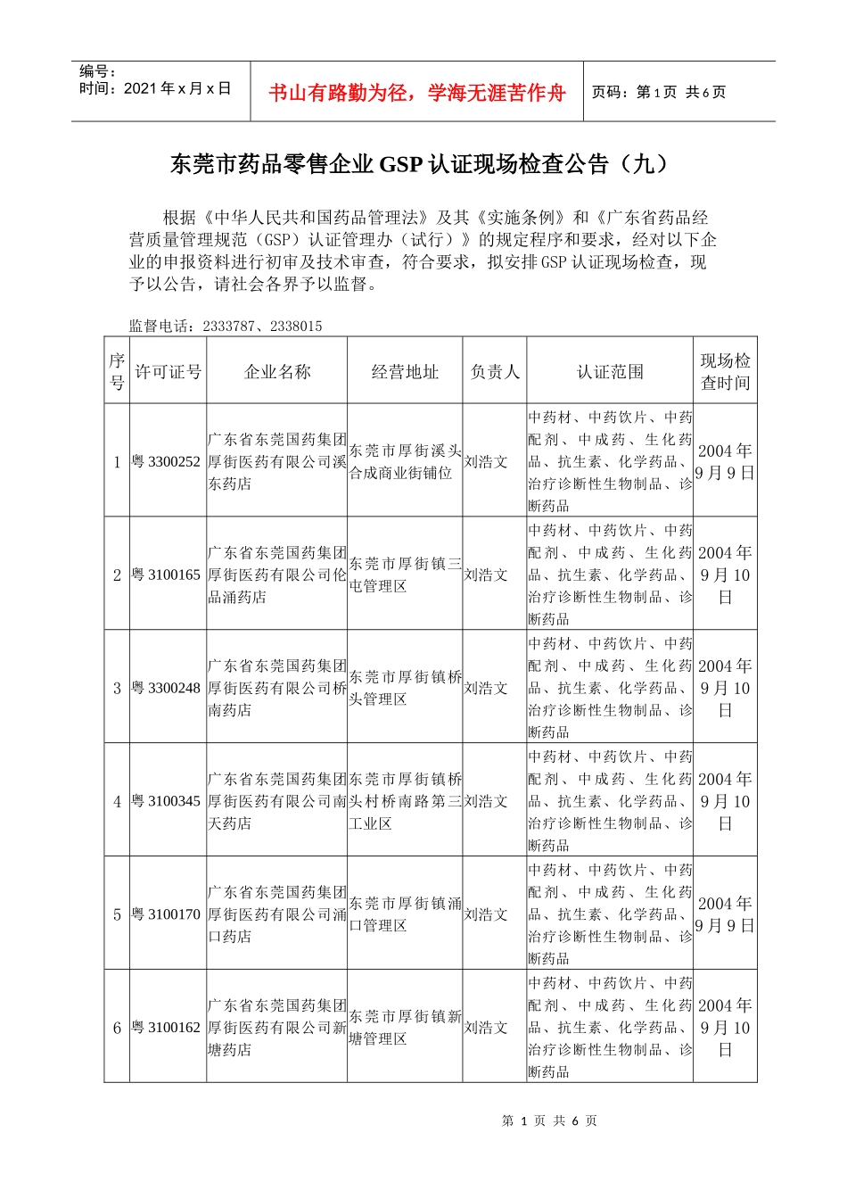东莞市药品零售企业GSP认证现场检查公告（九）_第1页