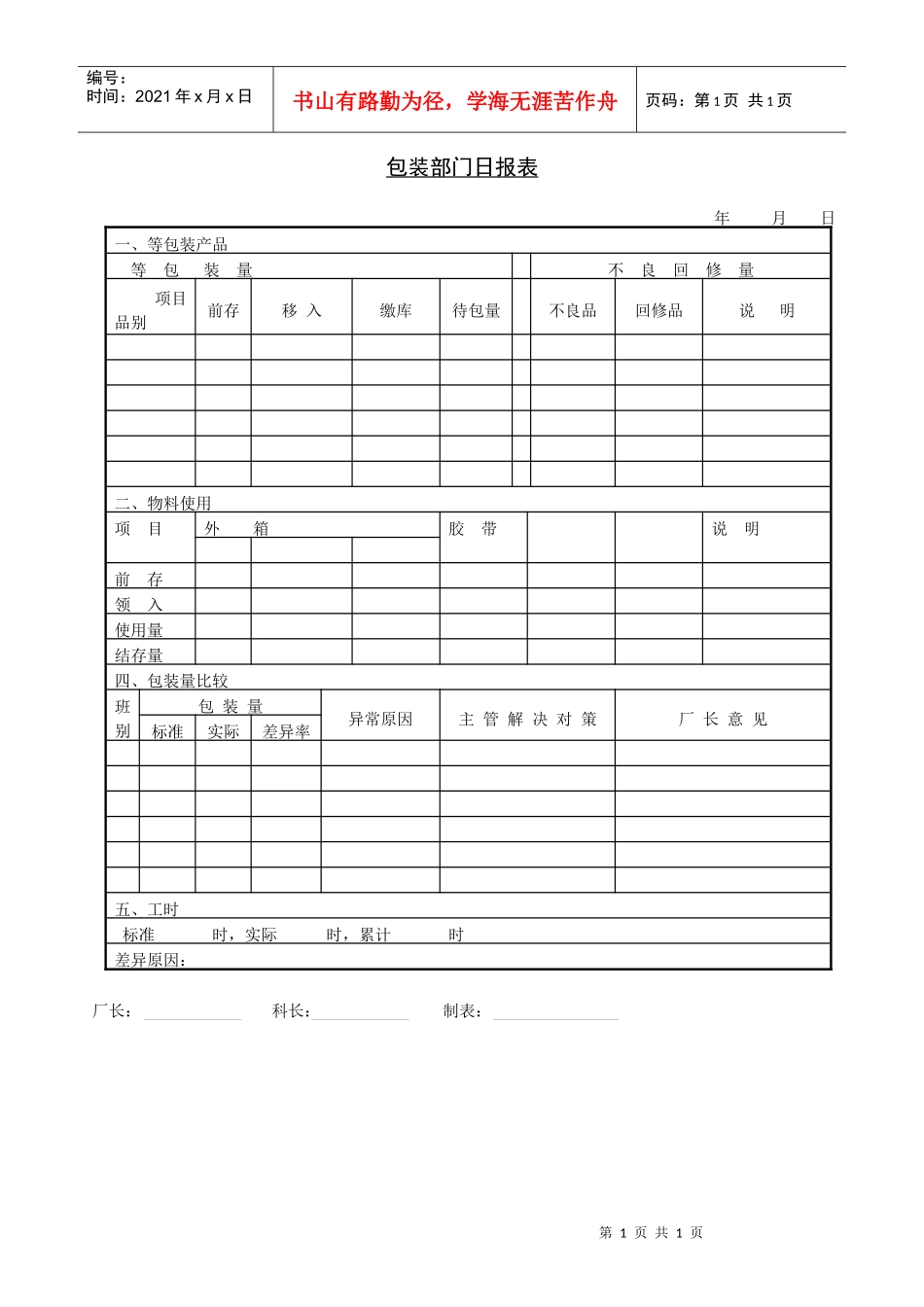 包装部门日报表_第1页