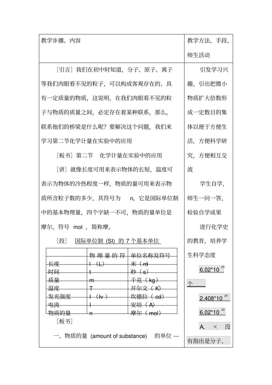 人教版高中化学必修一《物质的量和摩尔质量》教案_第3页