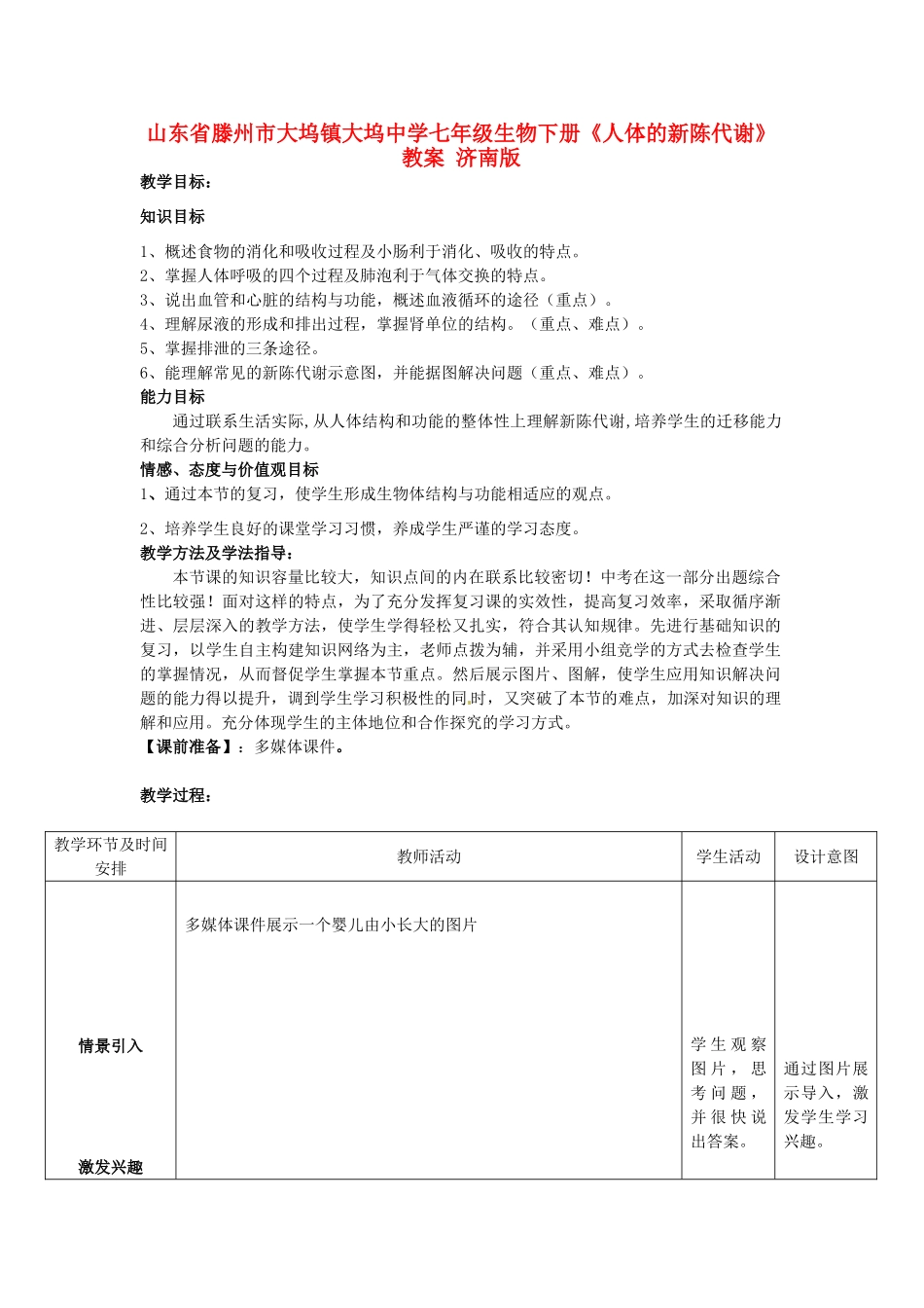 山东省滕州市大坞镇大坞中学七年级生物下册《人体的新陈代谢》教案 济南版_第1页