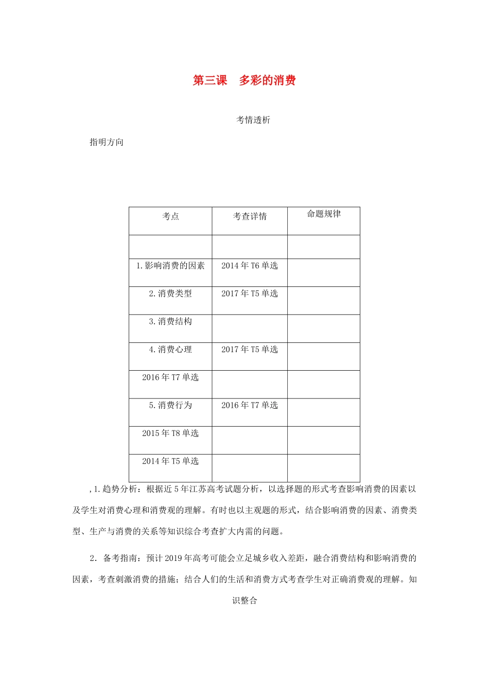 （江苏专版）高考政治总复习 第一单元 生活与消费 第三课 多彩的消费讲义 新人教版必修1-新人教版高三必修1政治教案_第1页