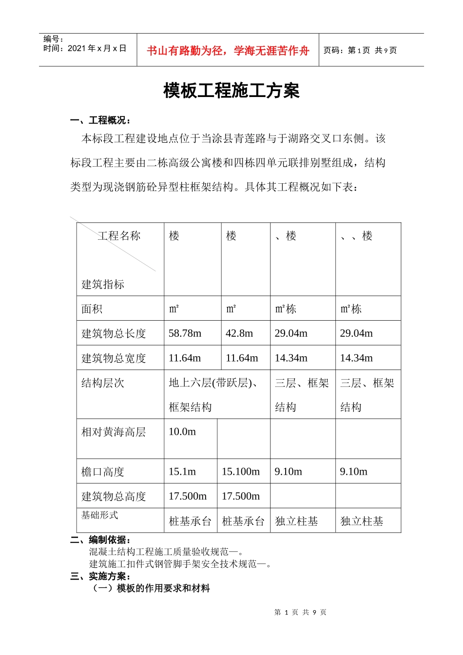 公寓楼和排别墅模板工程施工方案_第1页