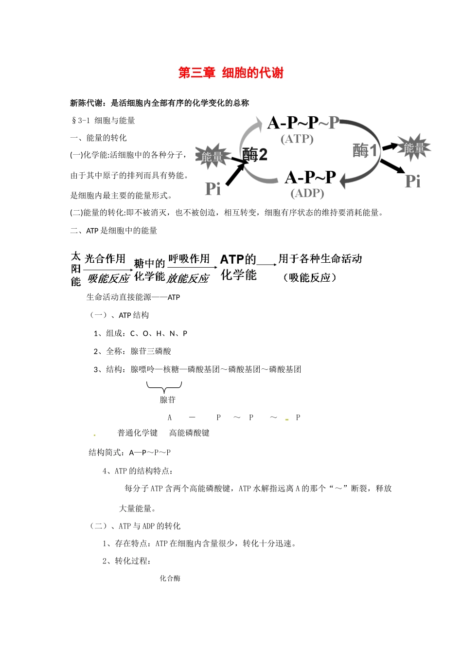 高中生物： 第3章 细胞的代谢（教案）浙科版必修1_第1页