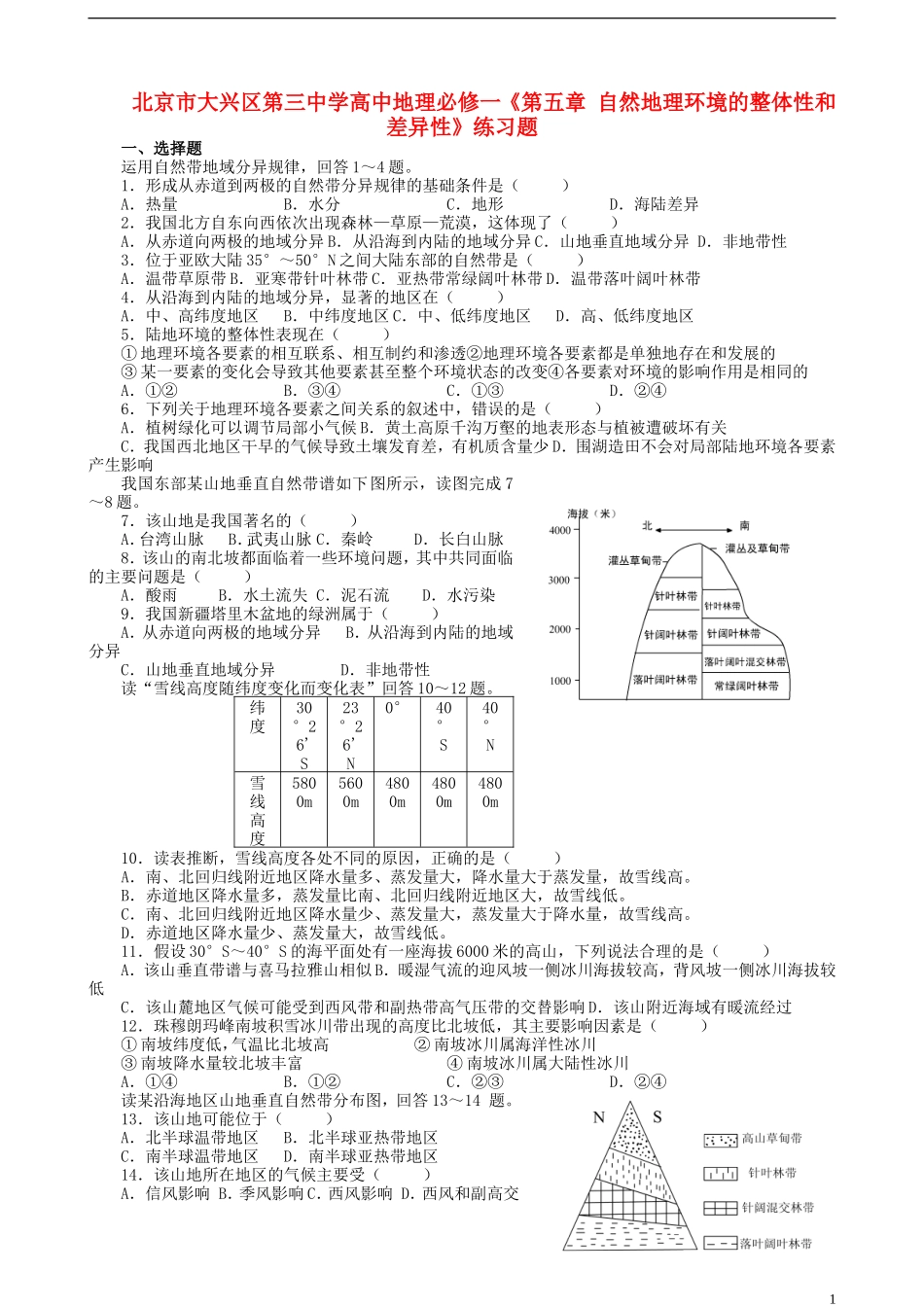 北京市大兴区第三中学高中地理《第五章 自然地理环境的整体性和差异性》练习题 新人教版必修1_第1页