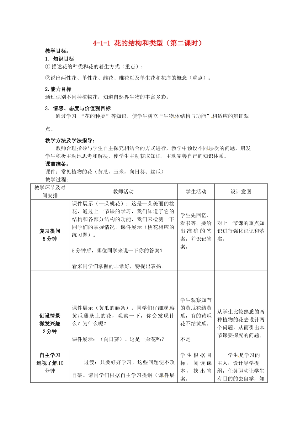 山东省枣庄市峄城区吴林街道中学八年级生物上册 4-1-1 花的结构和类型（第二课时）教案1 济南版_第1页