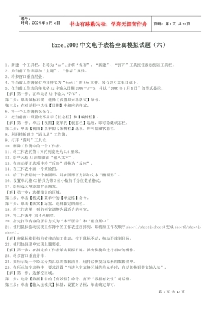 Excel2003中文电子表格全真模拟试题
