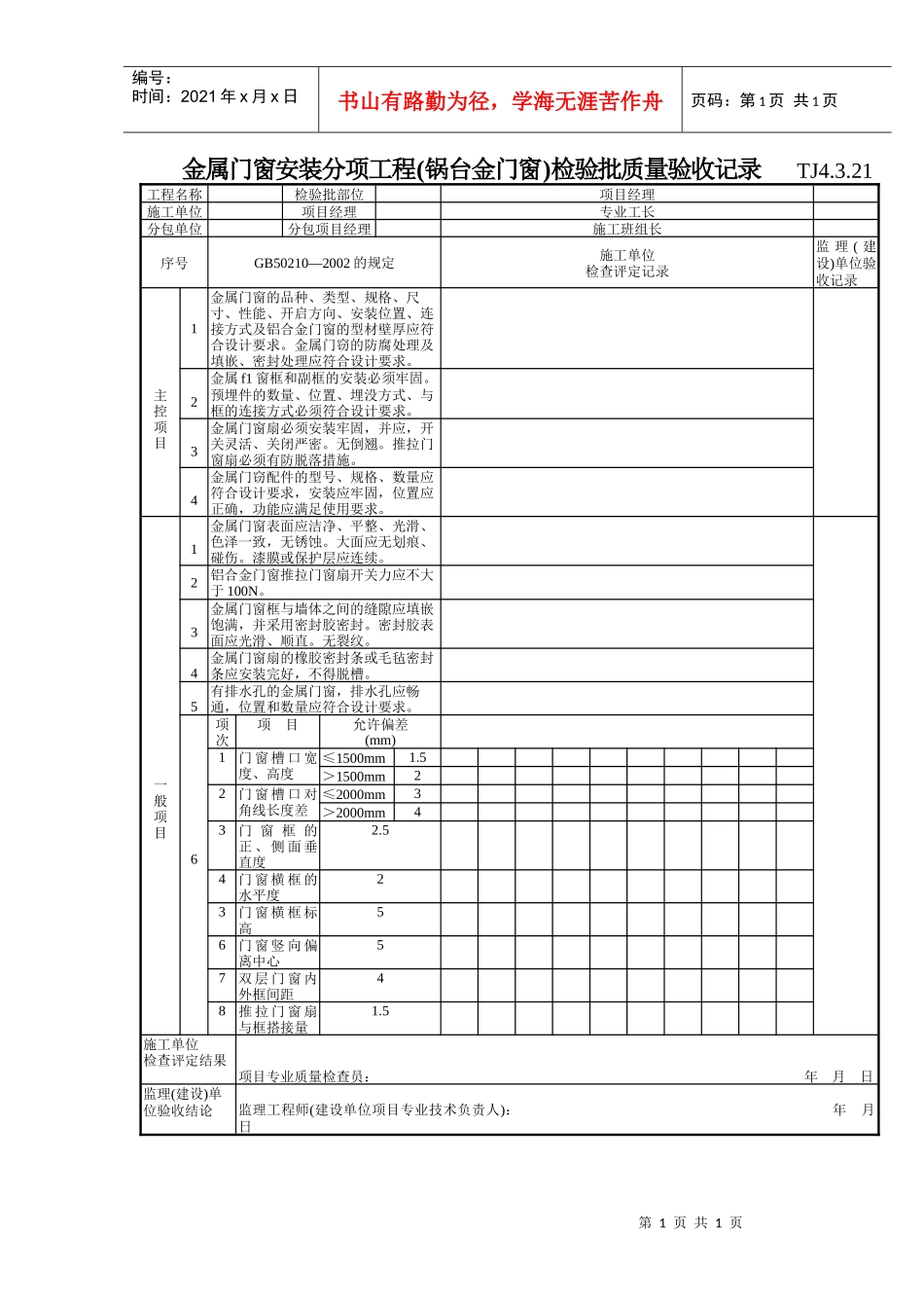 160 金属门窗安装分项工程(锅台金门窗)检验批质量验收记录TJ4-3-21_第1页
