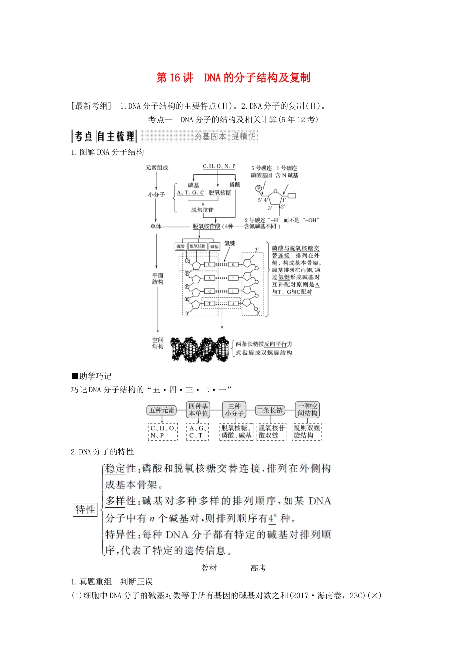 高考生物一轮复习 第七单元 第16讲 DNA的分子结构及复制教案 中图版必修2-中图版高三必修2生物教案_第1页