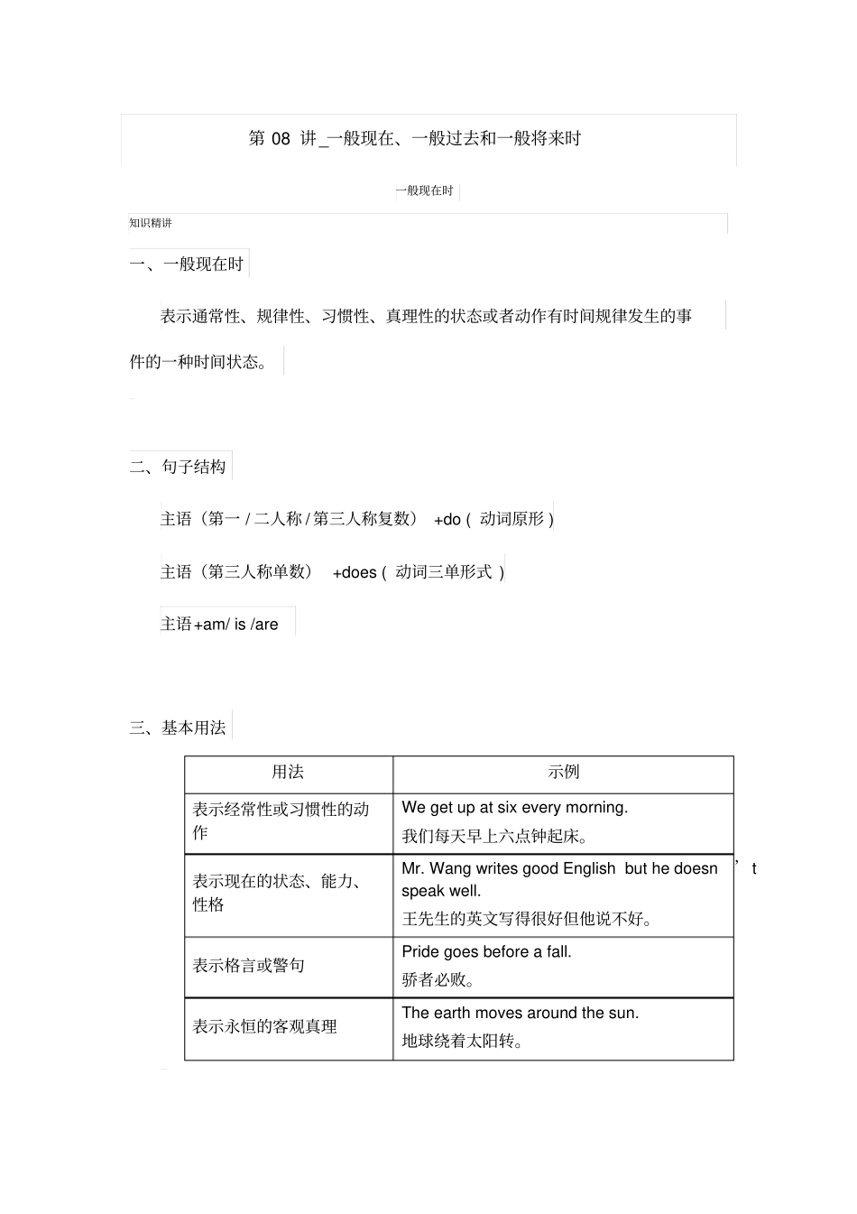 (完整word)初中英语语法一般现在时、将来时、过去时讲解及练习题_第1页
