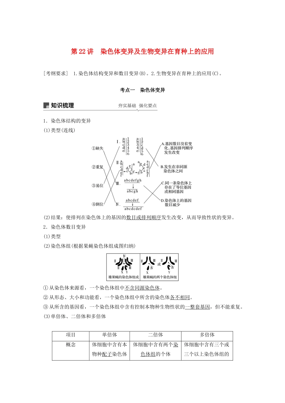 （江苏专用）高考生物新导学大一轮复习 第七单元 生物的变异、育种和进化 第22讲 染色体变异及生物变异在育种上的应用讲义（含解析）苏教版-苏教版高三全册生物教案_第1页
