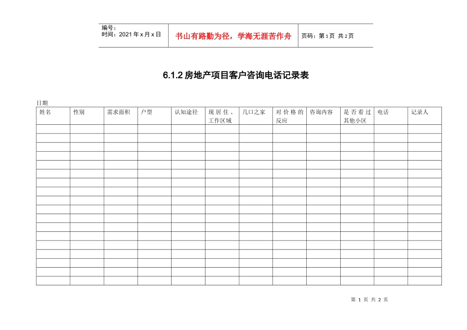 6.1.2房地产项目客户咨询电话记录表_第1页