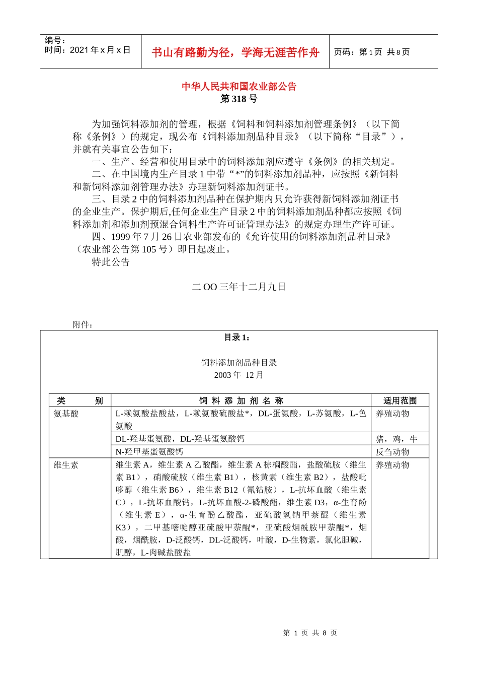 农业部公布的饲料添加剂品种目录-中华人民共和国农业部公告_第1页