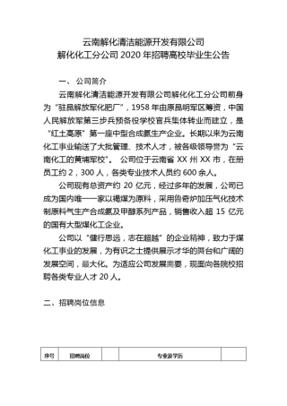 云南解化清洁能源开发有限公司解化化工分公司2020年招聘高校毕业生公告【模板】