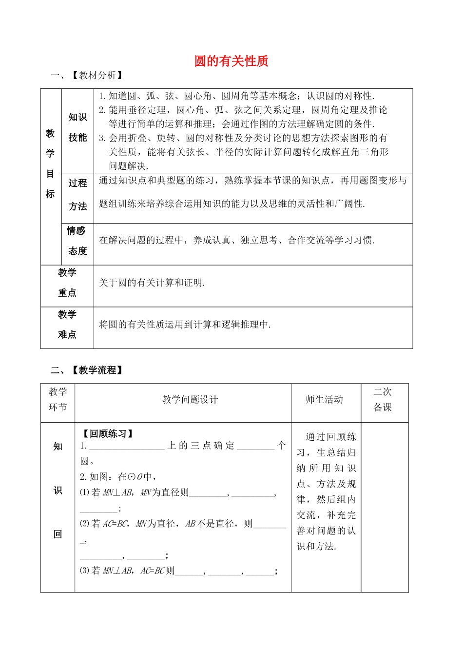 山东省郯城县红花镇中考数学专题复习 专题六 圆（23）第1课时 圆的有关性质教案-人教版初中九年级全册数学教案_第1页