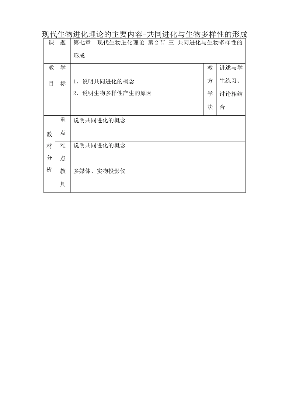 高中生物现代生物进化理论的主要内容 共同进化与生物多样性的形成教案 新课标 人教版 必修2_第1页