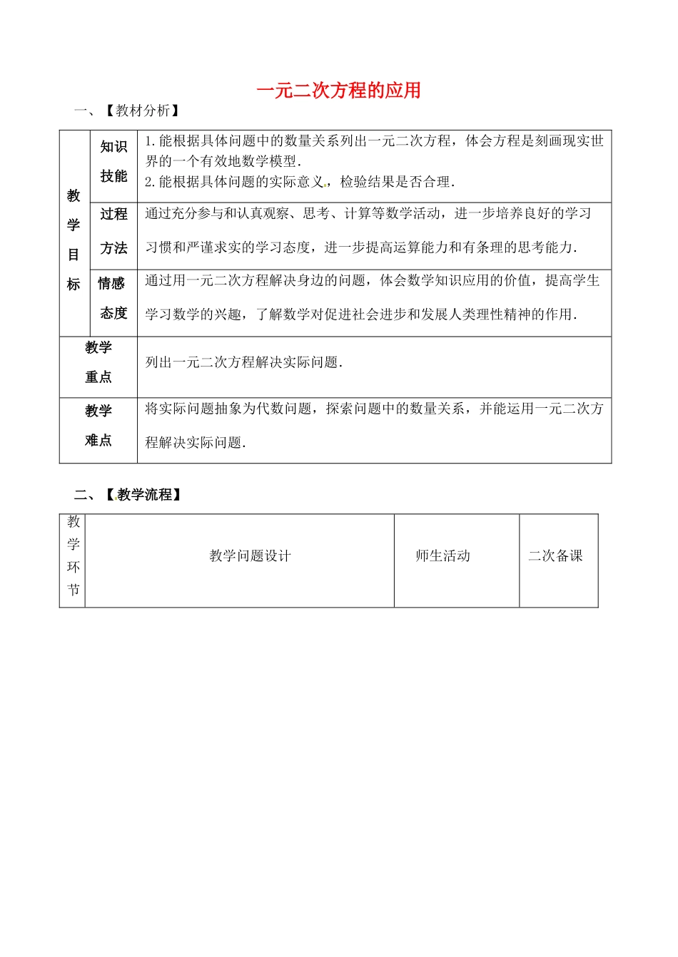 山东省郯城县红花镇中考数学专题复习 专题二（11-2）一元二次方程的应用教案-人教版初中九年级全册数学教案_第1页