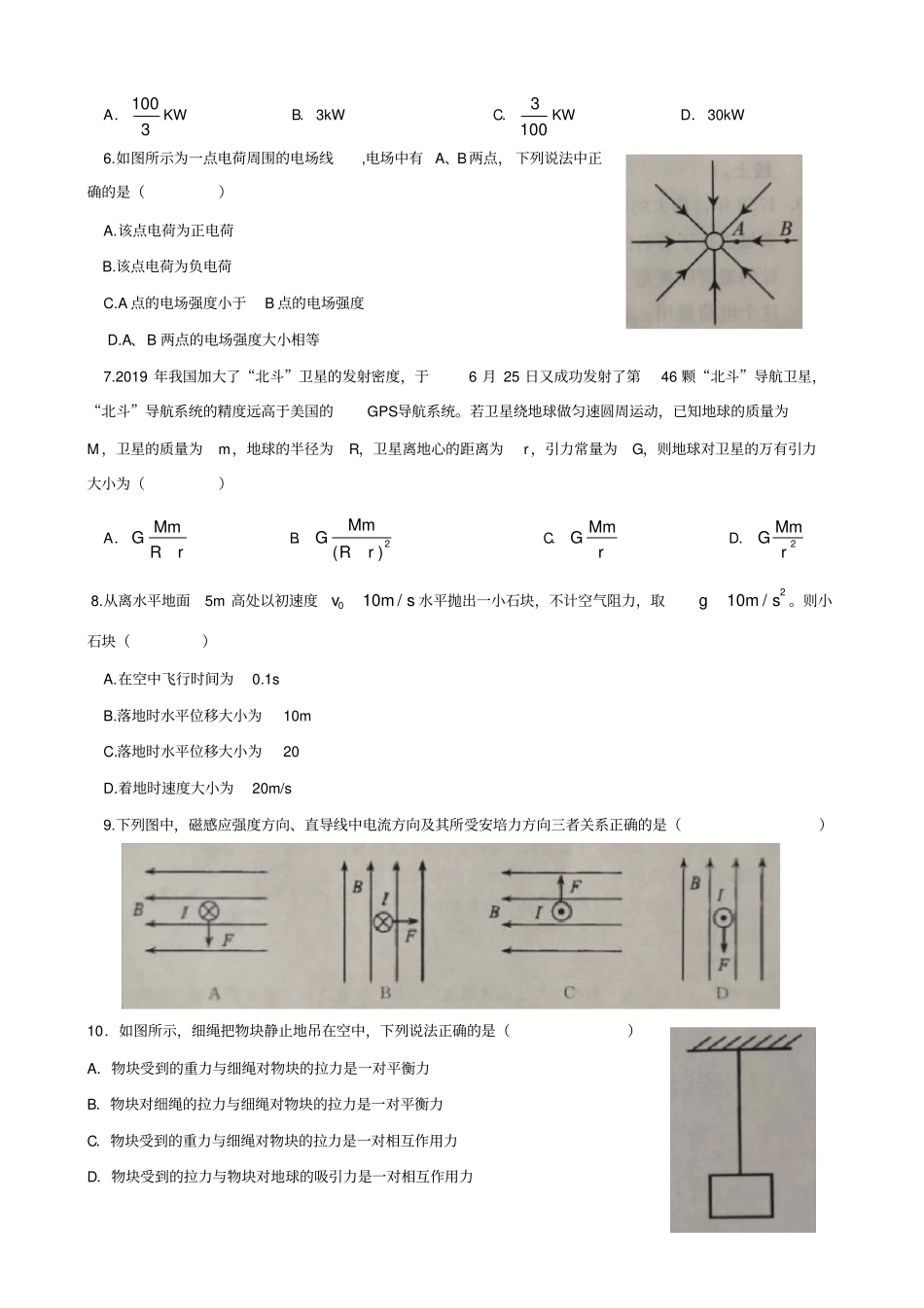 云南省2019年7月普通高中学业水平考试物理试卷无答案_第2页