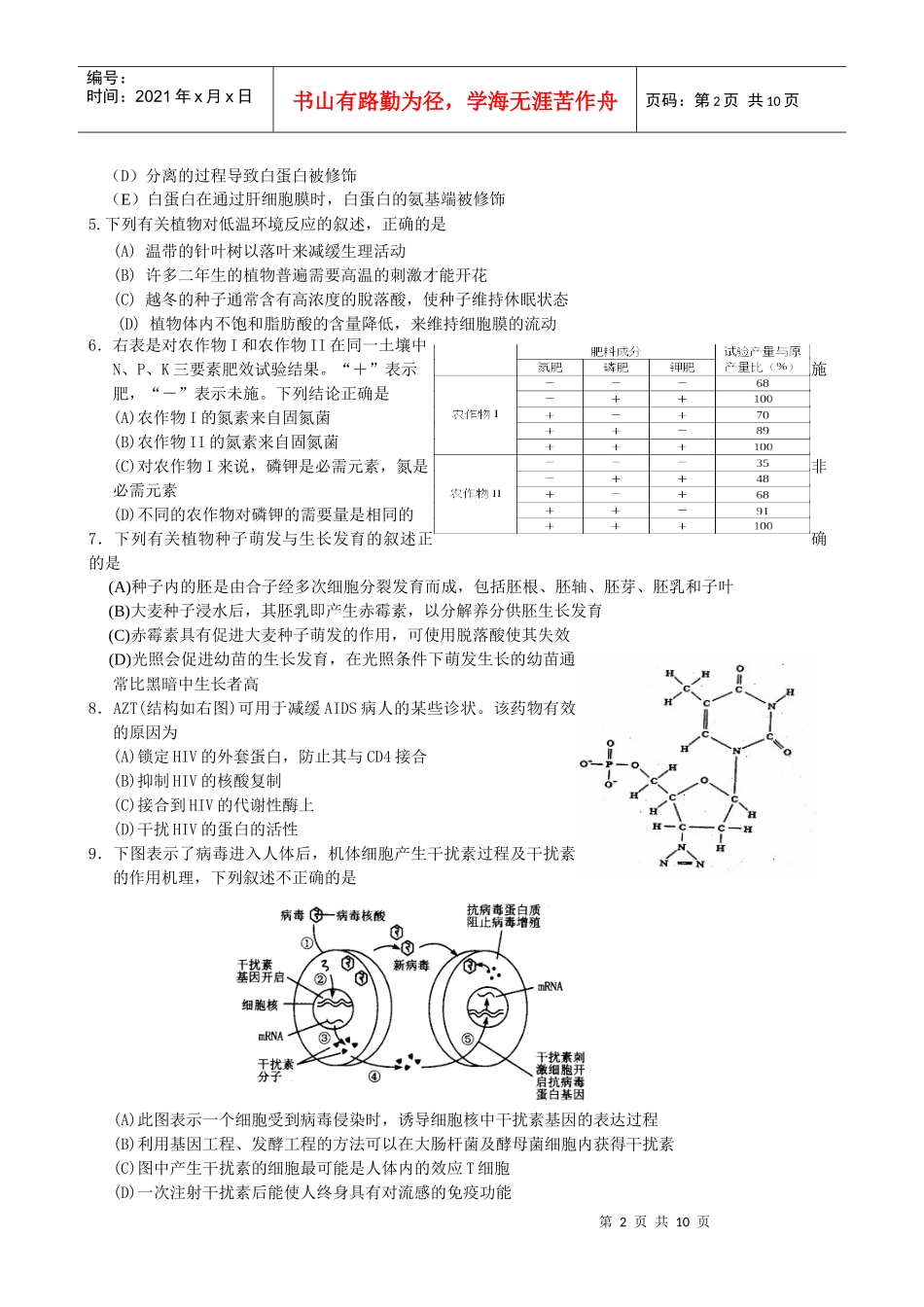 全国第七届高中生物学联赛预赛_第2页
