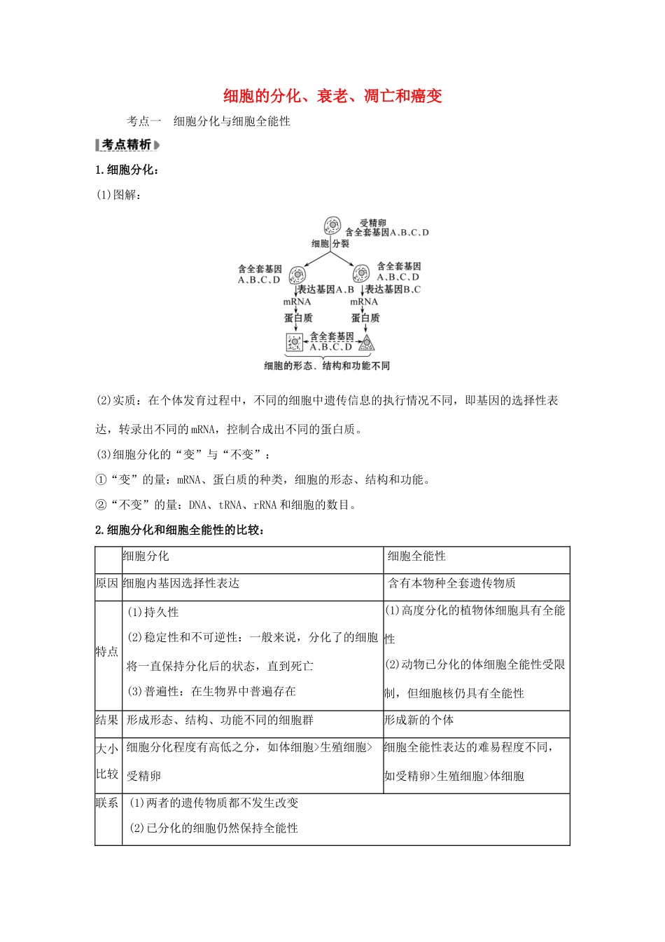 版高考生物一轮复习 第6章 细胞的生命历程 3 细胞的分化、衰老、凋亡和癌变教案 新人教版必修1-新人教版高三必修1生物教案_第1页