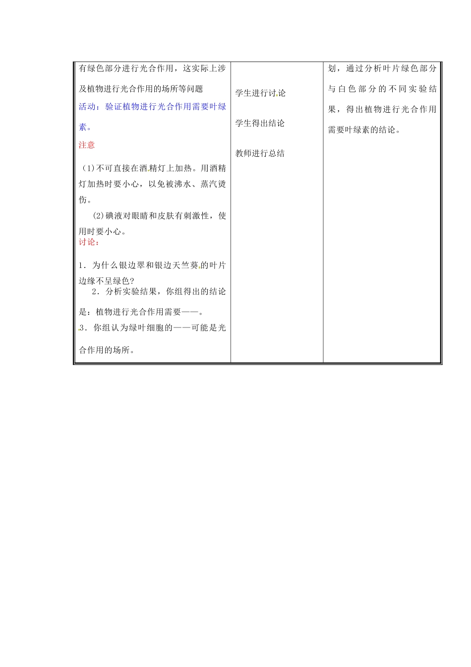 七年级生物上册 第三单元《生物圈中的绿色植物》第5章 绿色开花植物的生活方式 5.1 光合作用（二）教案 （新版）北师大版_第3页