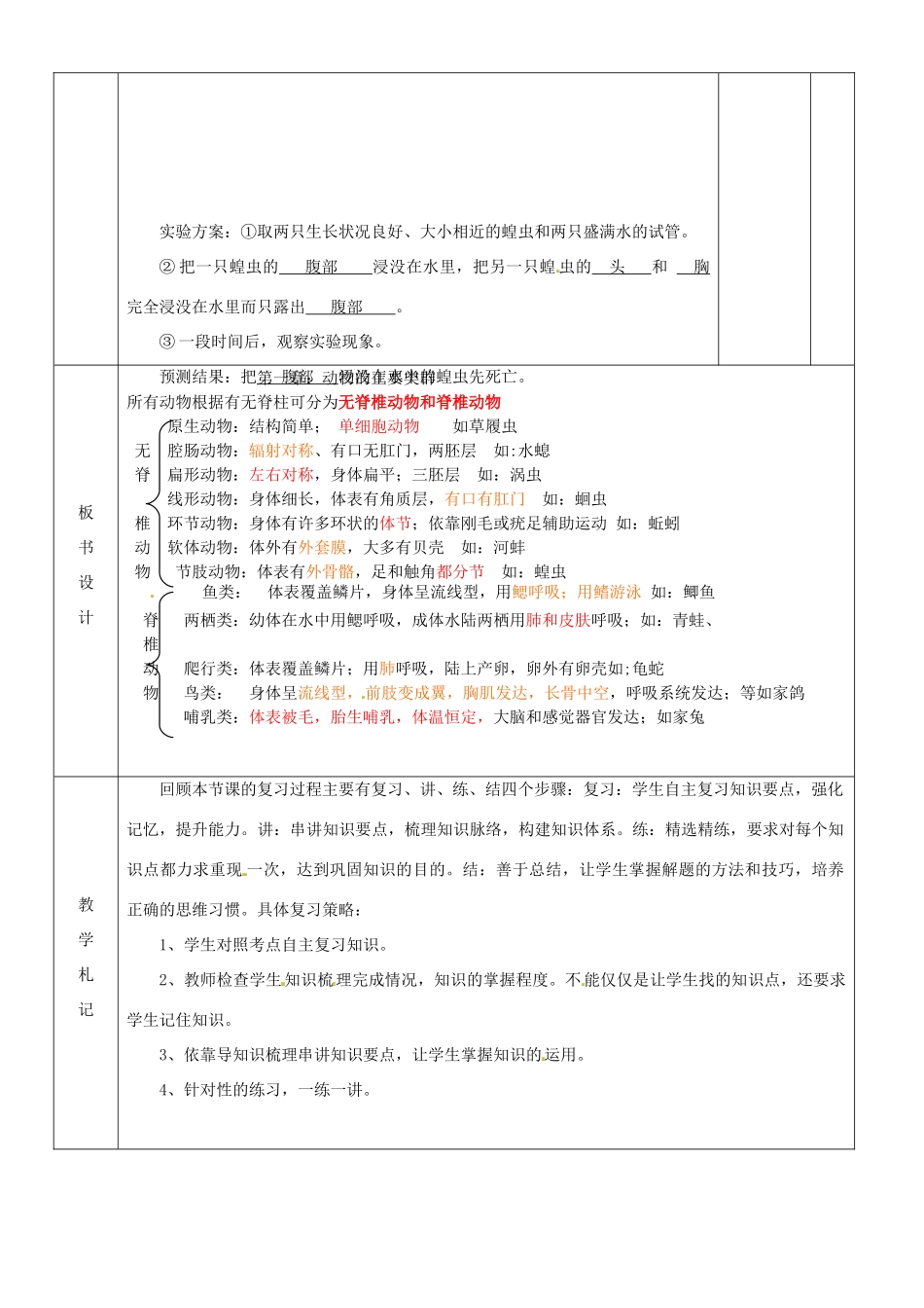 山东省临沂市蒙阴县第四中学八年级生物上册 第五单元 第一章 动物的主要类群复习教案 （新版）新人教版_第3页
